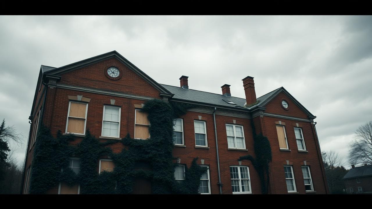 An old empty college campus building with boarded windows under a moody overcast sky.
