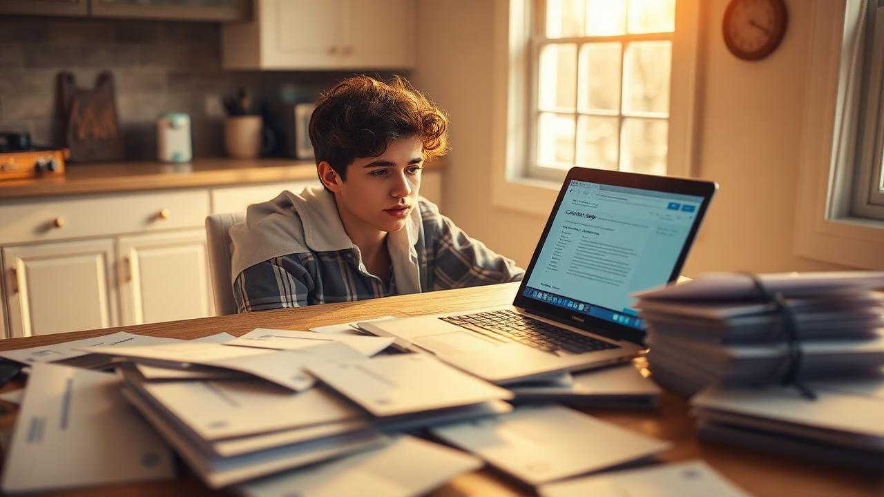 A transfer applicant working on the Common App at a kitchen table surrounded by transcript envelopes.