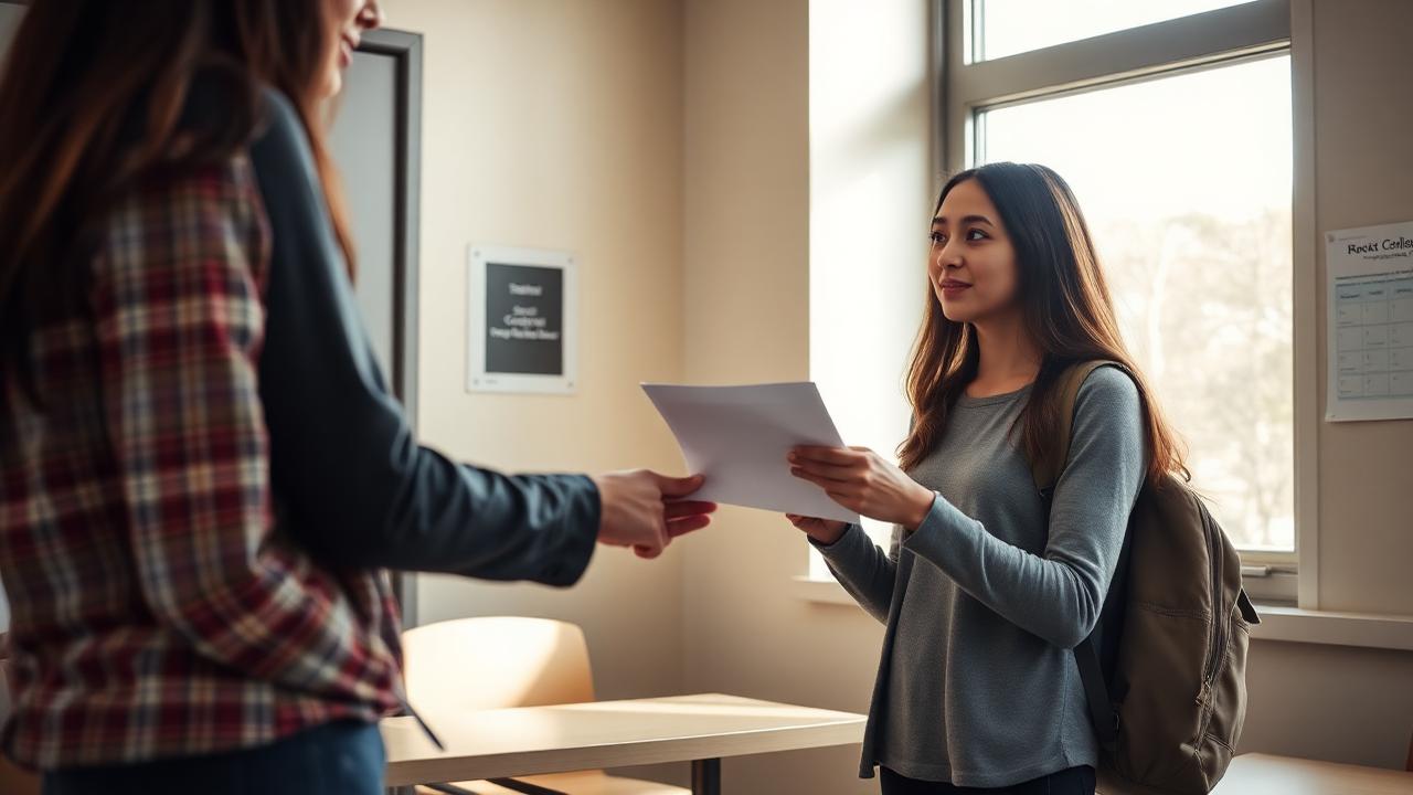 A high school student receiving a transcript envelope from a community college counselor.