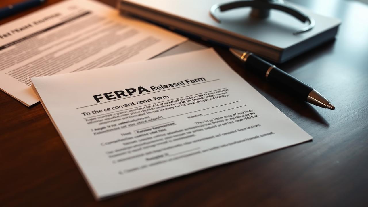 A signed FERPA consent release form on a desk next to a transcript and pen.