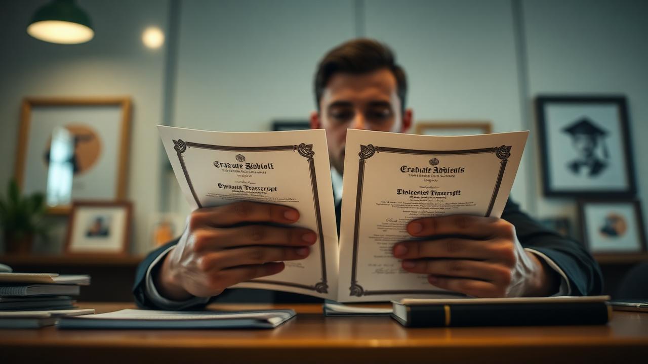 A graduate admissions reviewer comparing two official sealed transcripts at a desk.