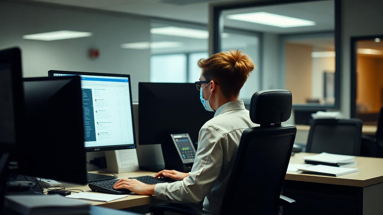 A university registrar staff member processing transcript requests at dual monitors.