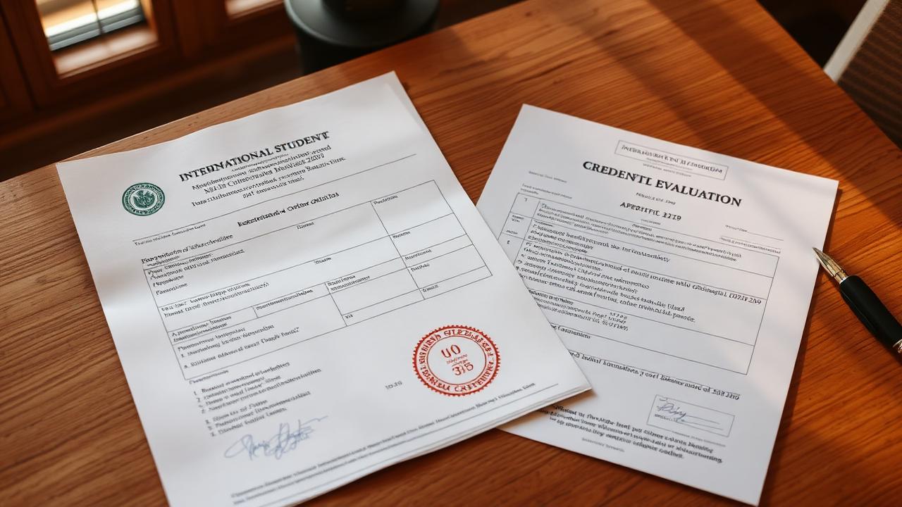 An international transcript with foreign-language stamps next to a credential evaluation report.