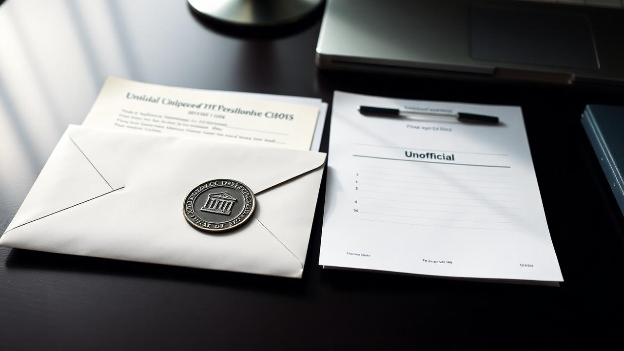 A sealed embossed transcript envelope next to an unofficial printed transcript.