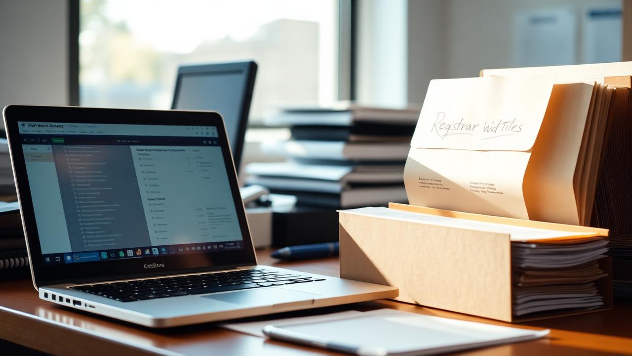 A registrar's desk with manila folders and a laptop showing a student records system.