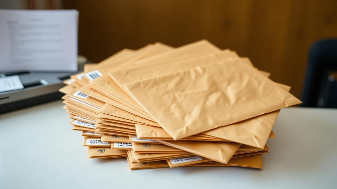 A stack of sealed manila transcript envelopes fanned across a desk with destination labels visible.