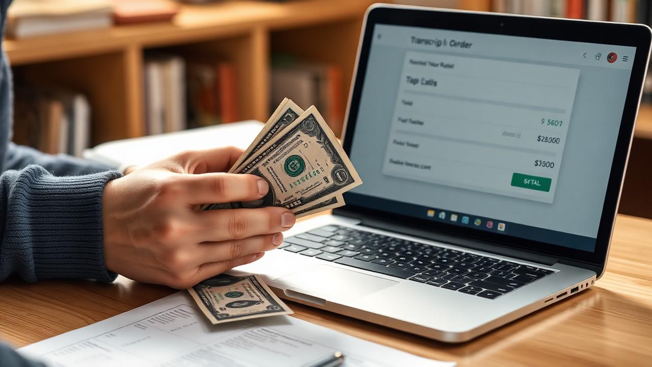 A student counting US dollar bills next to a laptop showing a transcript order checkout page with fees.