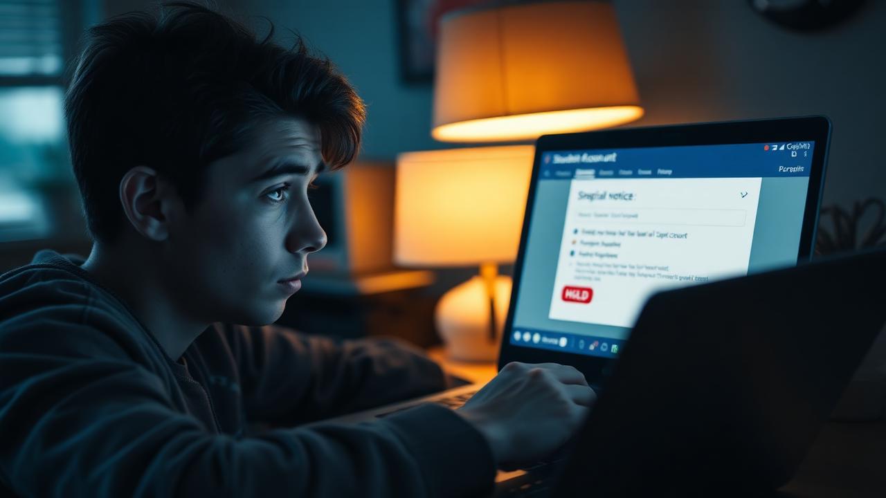 A student looking concerned at a laptop screen showing a red HOLD notice on a student account portal.