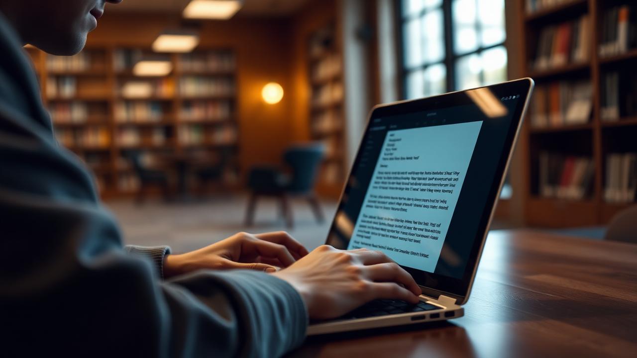 A student typing an email to a registrar's office on a laptop in a quiet library.