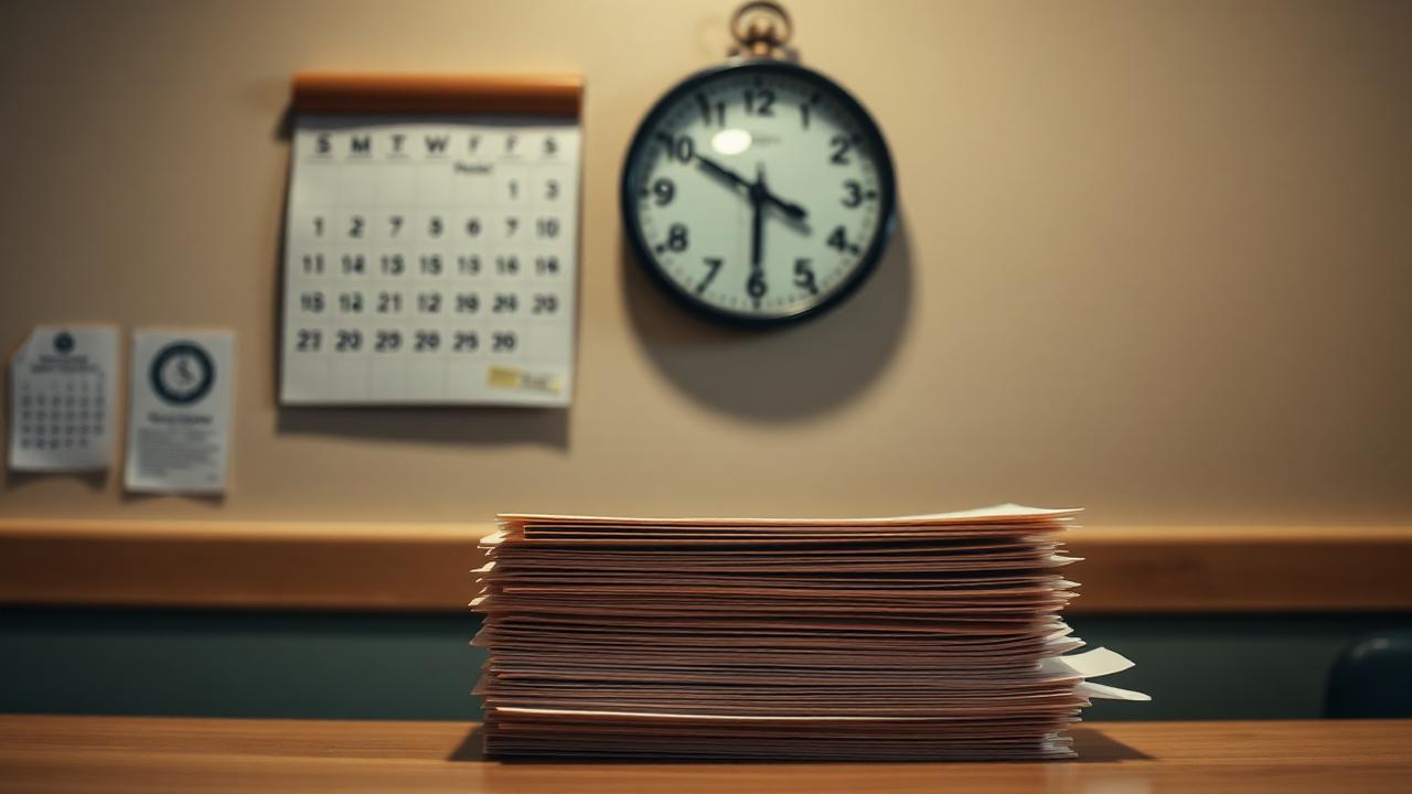 A wall calendar and clock above a stack of sealed transcript envelopes.