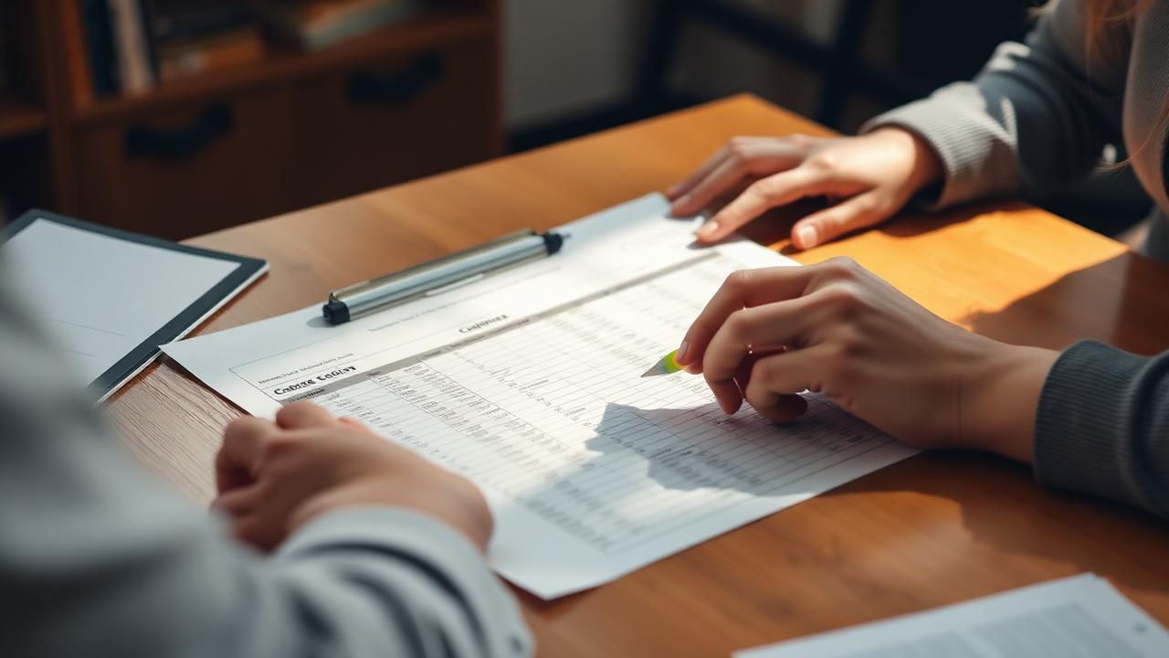 An admissions counselor highlighting a course equivalency spreadsheet next to a transcript.