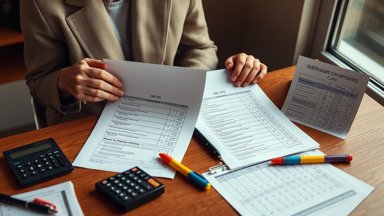 An admissions evaluator reviewing two transcripts side by side with a calculator and a GPA conversion chart.