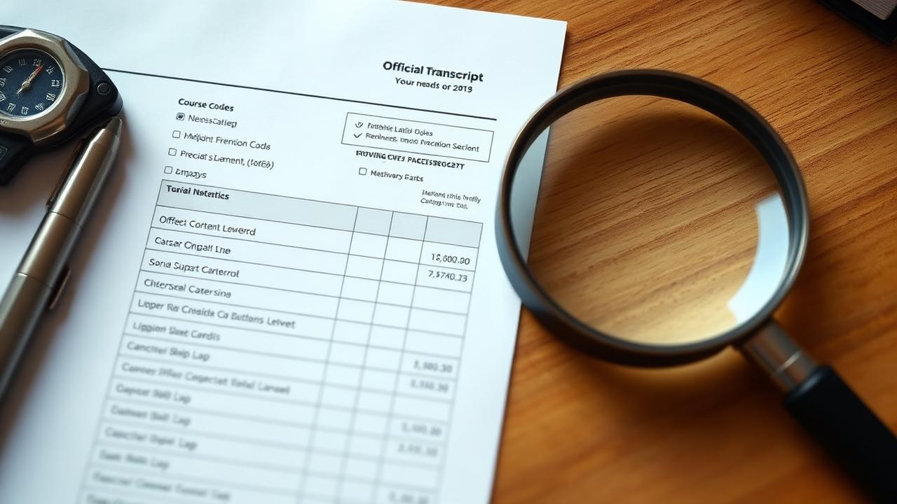 A close-up of a printed official college transcript with course codes, grades, and credits visible under a magnifying glass.
